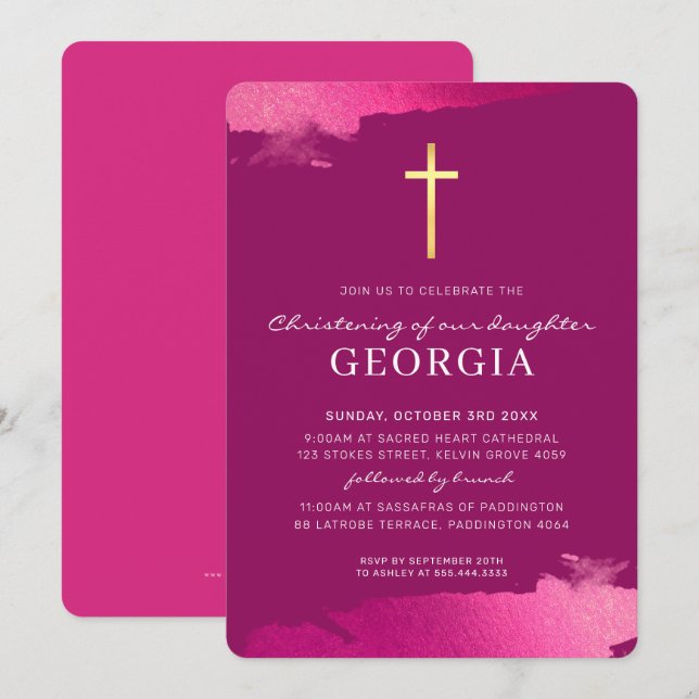 MODERN CHRISTENING gold foil cross dark pink Invitation (Front/Back)