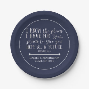 Modern Christian Bible Verse Blue Graduation Paper Plate