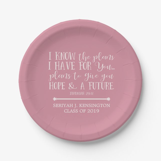 Modern Christian Bible Verse Blush Pink Graduation Paper Plate (Front)