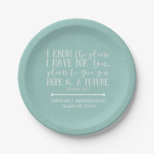 Modern Christian Bible Verse Teal Aqua Graduation Paper Plate