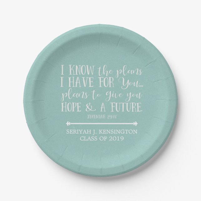 Modern Christian Bible Verse Teal Aqua Graduation Paper Plate (Front)