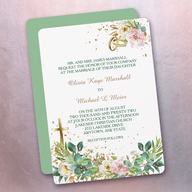 Modern Christian Cross and Rings Floral Wedding Invitation (Creator Uploaded)