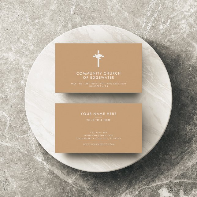 Modern Christian Ministry Church Cross Dove Tan Business Card (Creator Uploaded)