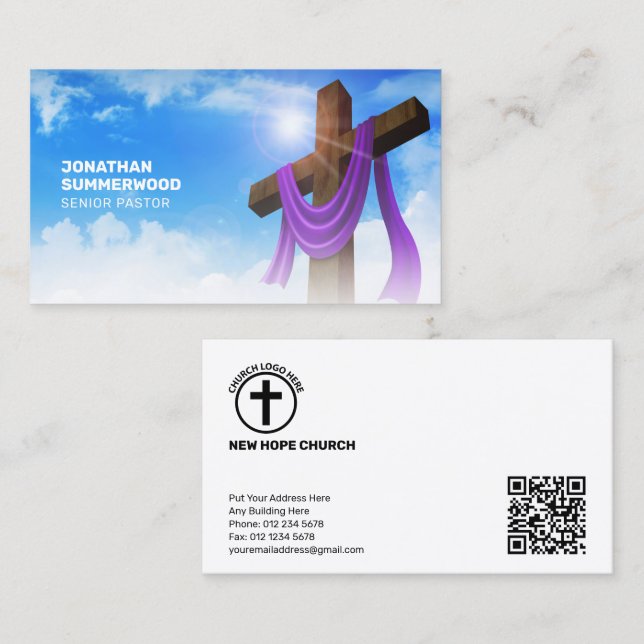 Modern Christian Pastor Cross Cloudscape QR Code Business Card (Front/Back)