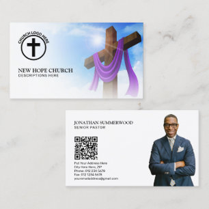 Modern Christian Pastor Cross Cloudscape QR Code Business Card