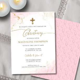Modern Christian Pink Gold Cross Girl Christening Invitation