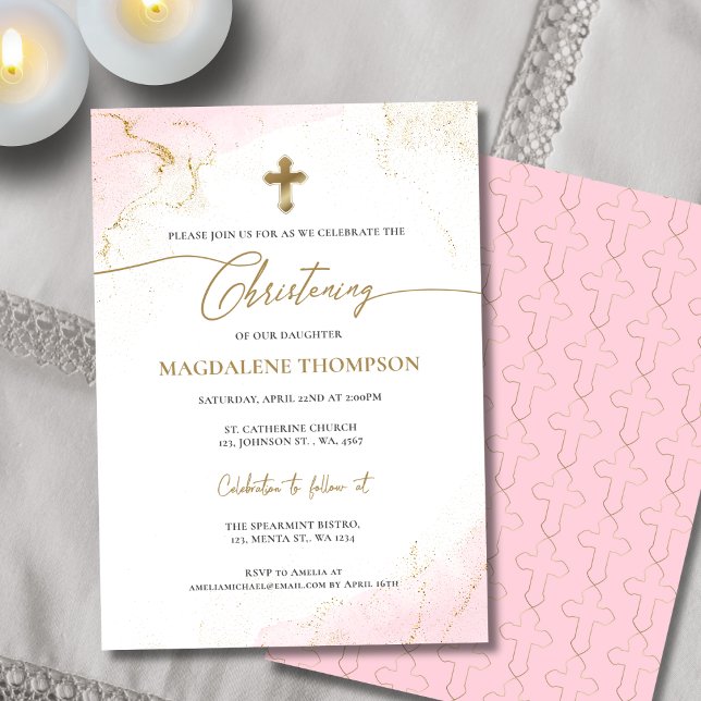 Modern Christian Pink Gold Cross Girl Christening Invitation (Creator Uploaded)