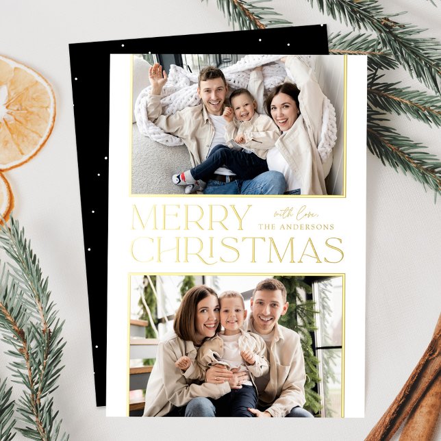 Modern Christmas 2 Photo Black and Gold Foil Holiday Card (Creator Uploaded)