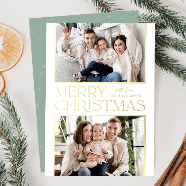 Modern Christmas 2 Photo Mint Green and Gold Foil Holiday Card (Creator Uploaded)
