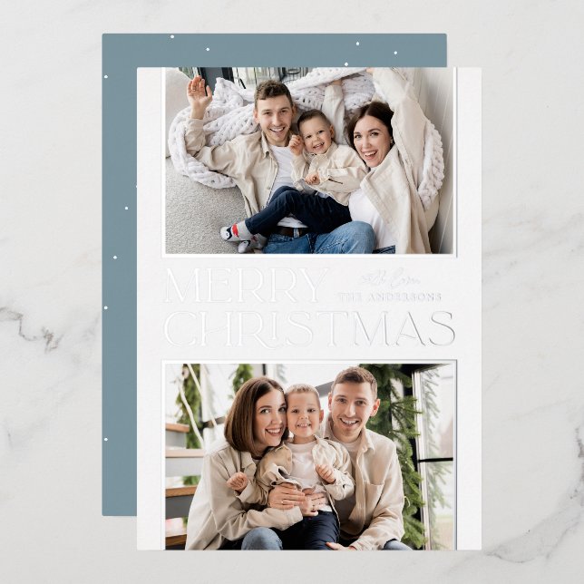 Modern Christmas 2 Photo Silver Foil Holiday Card (Front/Back)