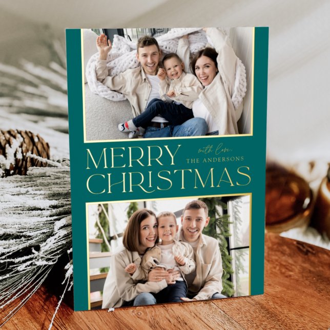 Modern Christmas 2 Photo Teal and Gold Foil Holiday Card (Creator Uploaded)