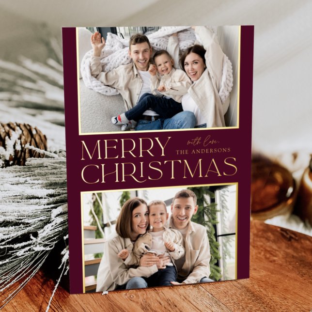 Modern Christmas 2 Photo Wine and Gold Foil Holiday Card (Creator Uploaded)
