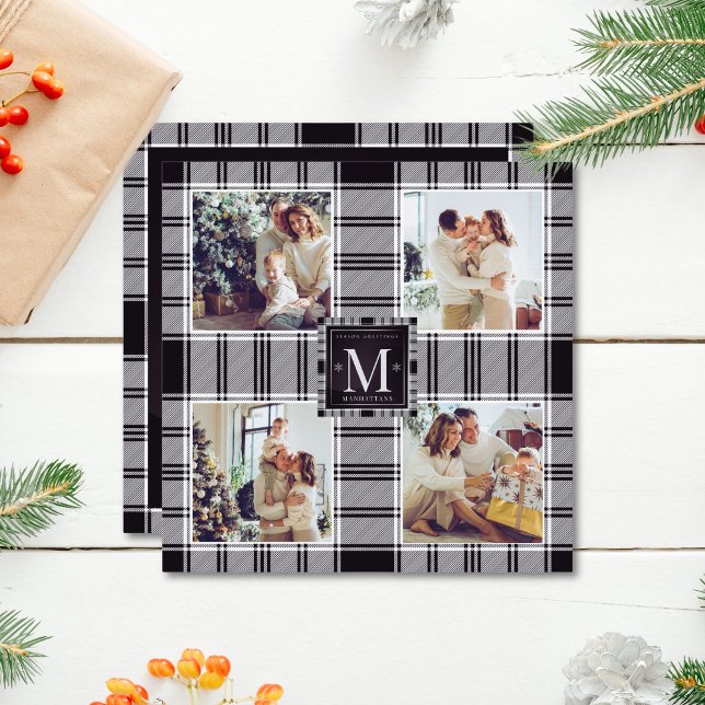 Modern Christmas 4 Photo Collage Black White Card (Creator Uploaded)