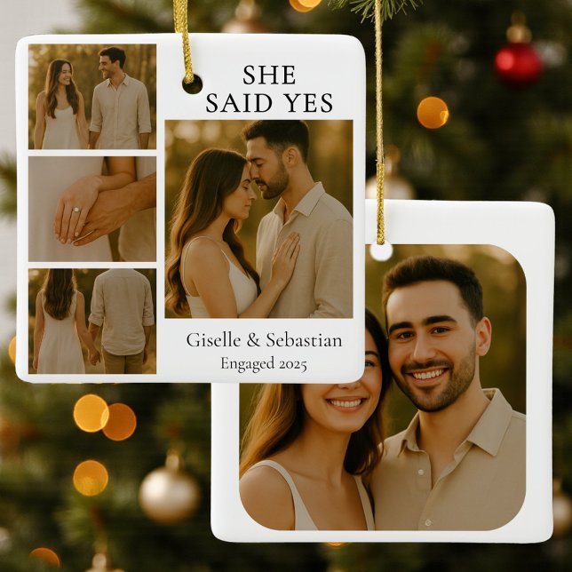 Modern Christmas 4 Photo Engagement Collage  Ceramic Ornament (Creator Uploaded)