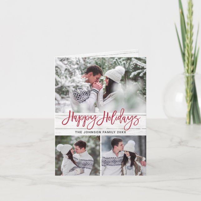 Modern Christmas 4 PHOTO Rustic Wood Greeting Holiday Card (Front)
