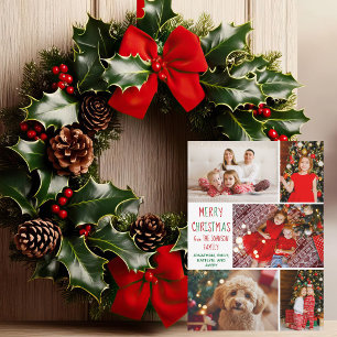 Modern Christmas 5 Photo Collage Red Green Script Holiday Card