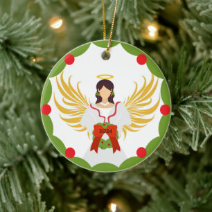 Modern Christmas Angel Red Green Holly Wreath 2024 Ceramic Tree Decoration