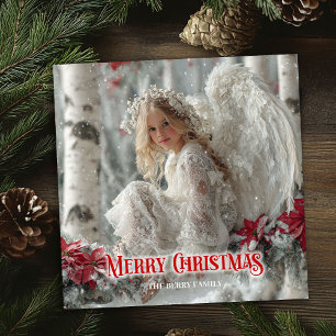 Modern Christmas angel red poinsettias seasonal  Holiday Card