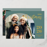 Modern Christmas arch 2 photo minimalist teal Foil Holiday Card<br><div class="desc">This elegant and modern Christmas greeting card features a minimalist design displaying two of your favourite family pictures inside a trendy arch frame. Easily customisable with your family name and the current year in stylish gold foil serif fonts over a modern teal background on the front and with your custom...</div>