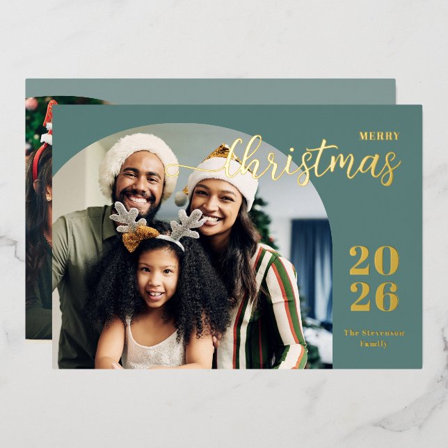Modern Christmas arch 2 photo minimalist teal Foil Holiday Card (Front/Back)