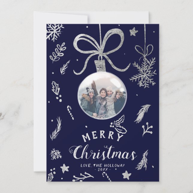 Modern Christmas ball photo silver illustration Holiday Card (Front)