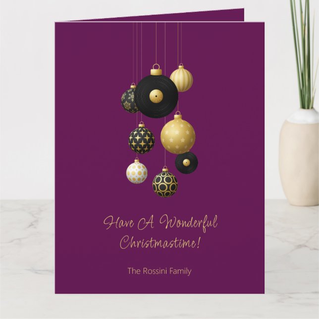 Modern Christmas Bauble Purple Gold Photo Card (Front)