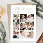 Modern Christmas Beige 9 Photo Collage Holiday Card<br><div class="desc">Modern Christmas photo card featuring "Merry Christmas" displayed at the top of the design in trendy beige lettering with a white background. A photo collage of 9 photos is shown below in a grid-style layout. Personalise the multi-photo Christmas card with your family name. The card reverses to display a beige...</div>