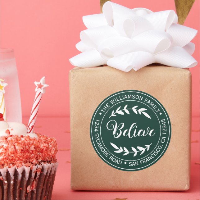 Modern Christmas Believe Return Address Green Classic Round Sticker (Party)