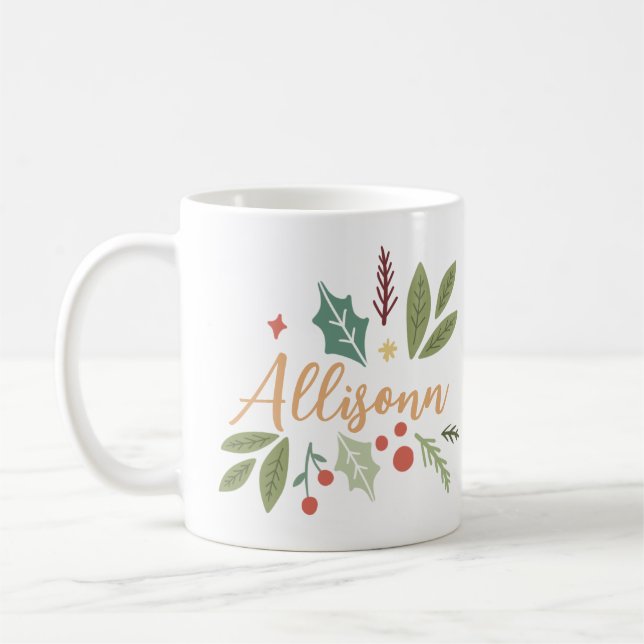 Modern Christmas Berries Foliage Your Name Coffee Mug (Left)