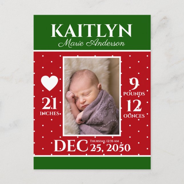 Modern Christmas Birth Announcement Newborn Stats Postcard (Front)