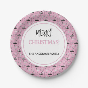 Modern Christmas Black and White Pattern on Pink Paper Plate