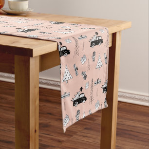 Modern Christmas Black and White Pattern on Pink Short Table Runner