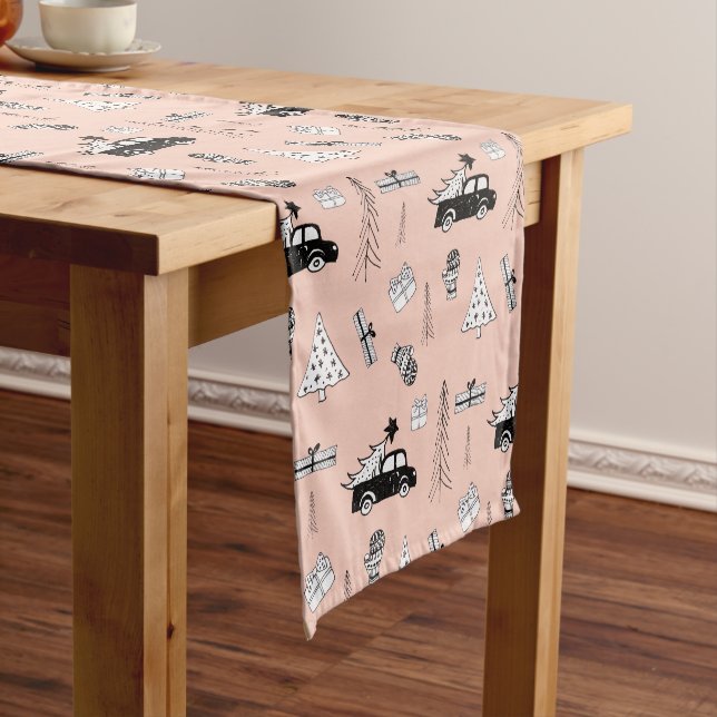 Modern Christmas Black and White Pattern on Pink Short Table Runner (In Situ)