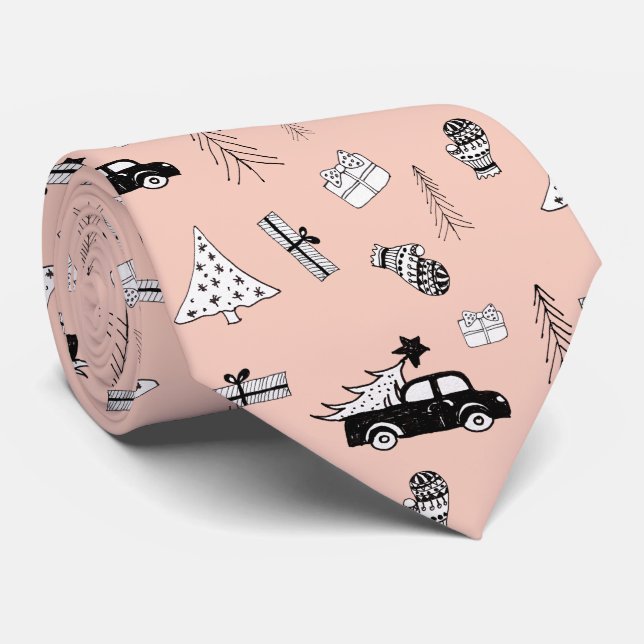 Modern Christmas Black and White Pattern on Pink Tie (Rolled)