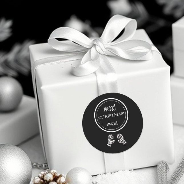 Modern Christmas Black and White Personalised Classic Round Sticker (Creator Uploaded)