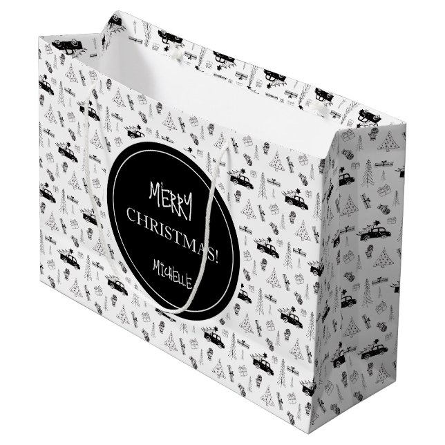 Modern Christmas Black and White Personalised Large Gift Bag (Front Angled)