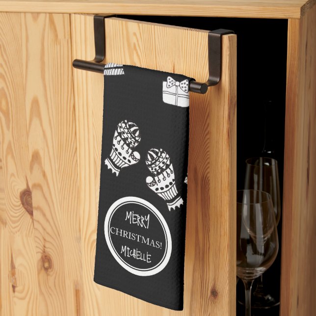 Modern Christmas Black and White Personalised Tea Towel (Thirds Fold)