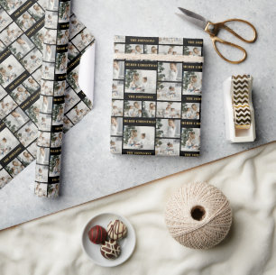 Modern Christmas Black & Gold 6 Photo Collage Wrapping Paper