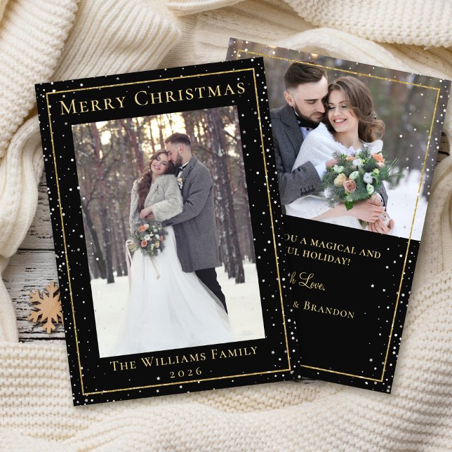 Modern Christmas Black Gold Snowfall 2 Photo Holiday Card (Creator Uploaded)