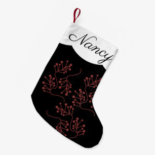 Modern Christmas Black Red Berry Sprigs Small Christmas Stocking