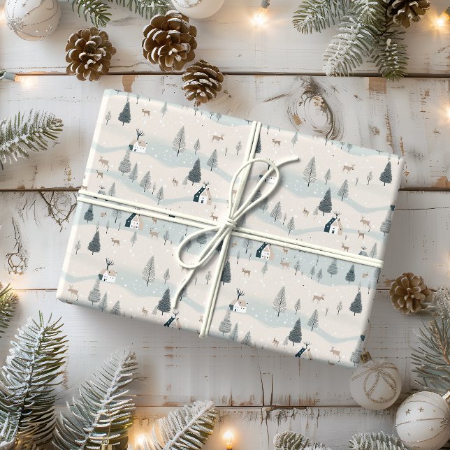Modern Christmas Blue and Tan Snowy Village Wrapping Paper (Creator Uploaded)