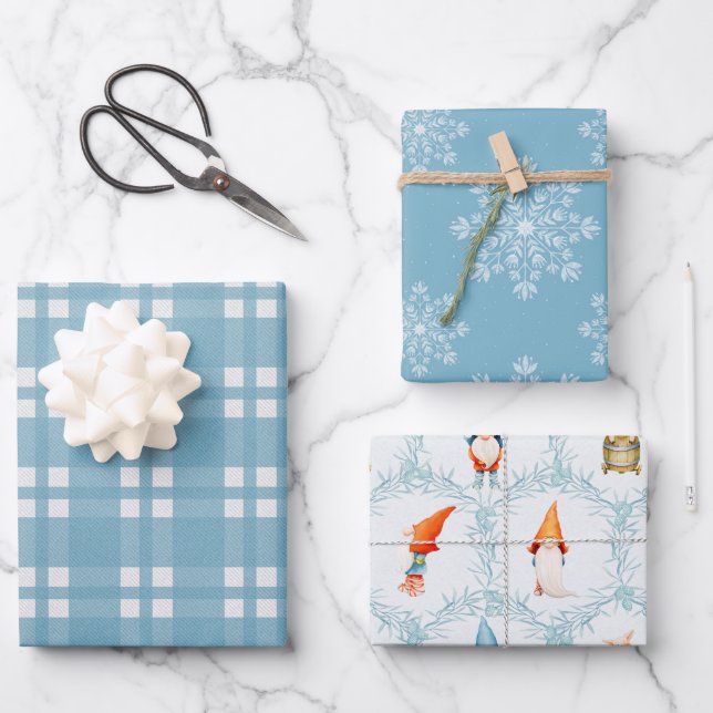 Modern Christmas Blue Plaid, Snowflakes & Gnomes Wrapping Paper Sheet (Front)