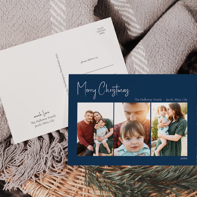 Modern Christmas | Blue Three-Photo Holiday Postcard (Creator Uploaded)
