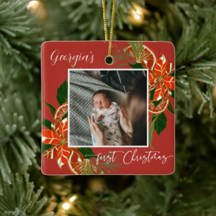 Modern Christmas Botanical First Christmas Photo Ceramic Ornament