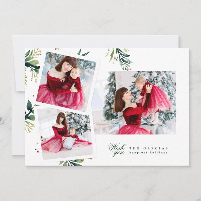 Modern Christmas Botanical Multi photo collage Holiday Card (Front)