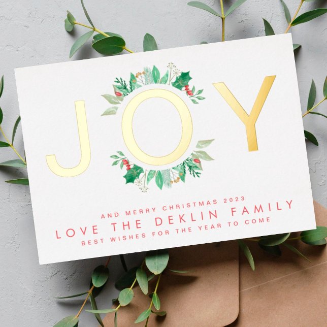 Modern Christmas Botanicals GOLD JOY Wreath Photo Foil Holiday Card (Creator Uploaded)