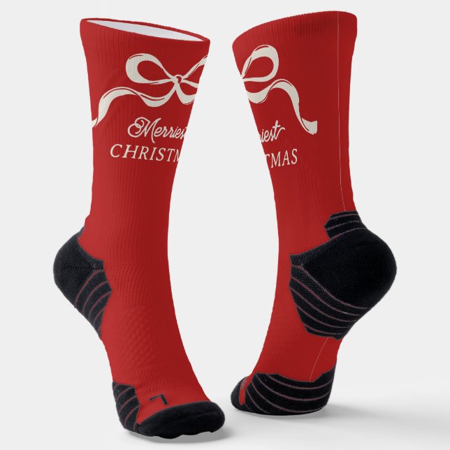 Modern Christmas Bows Retro Holiday Red  Socks (Angled)