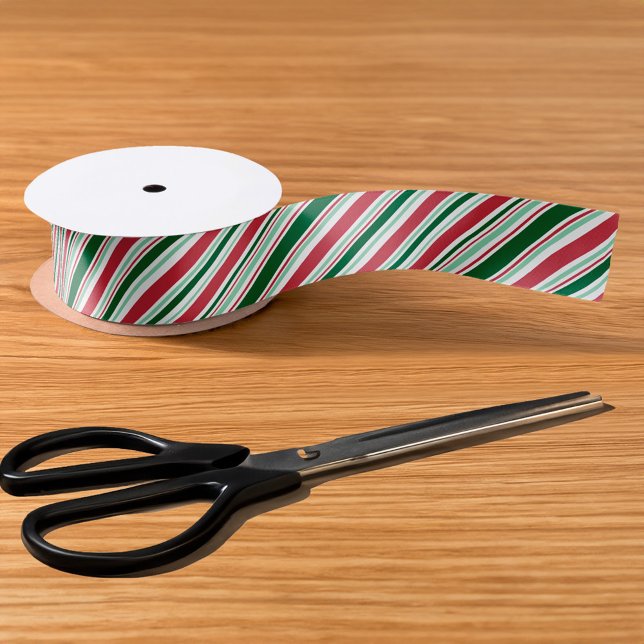 Modern Christmas Candy Stripes Red, Green, White  Satin Ribbon (Modern Christmas Candy Stripes Red, Green, White Satin Ribbon in situ)