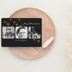 Modern Christmas Card Elegant Gold Triple-Photo