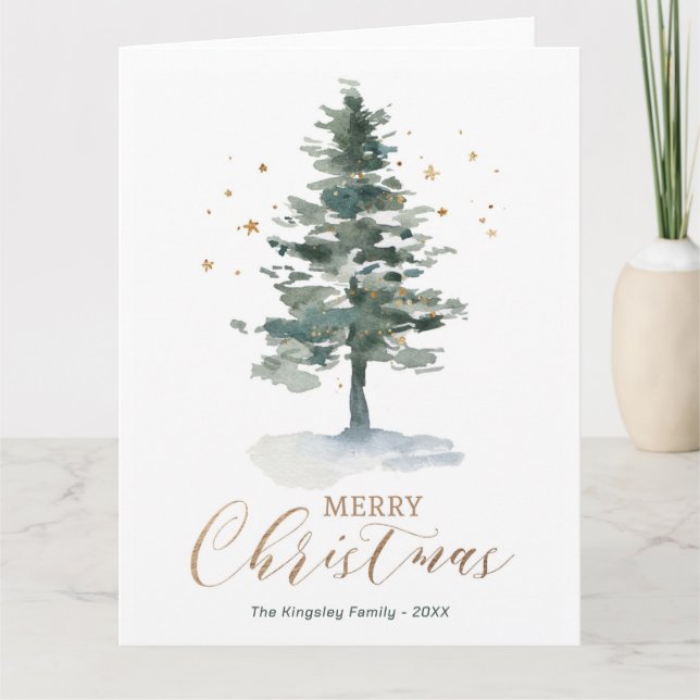 Modern Christmas Card Gold Watercolor Tree (Front)